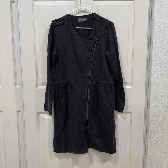 MICHAEL STARS BLACK WATER RESISTENT WOVEN LINEN TRENCH ZIP COAT SIZE S $278 - Picture 3 of 9
